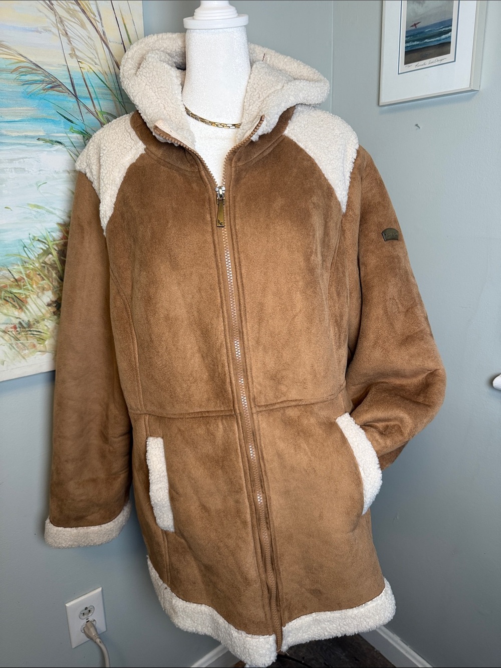 Koolaburra Tan Suede-Look Teddy Jacket with Cream Sherpa Trim